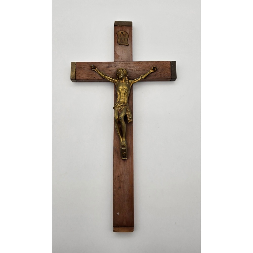 Vintage Catholic Crucifix INRI Wall Wooden Cross Jesus Metal Corpus Religious